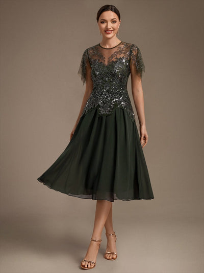 Beaded Tulle Ruffle Sleeve Midi Dress