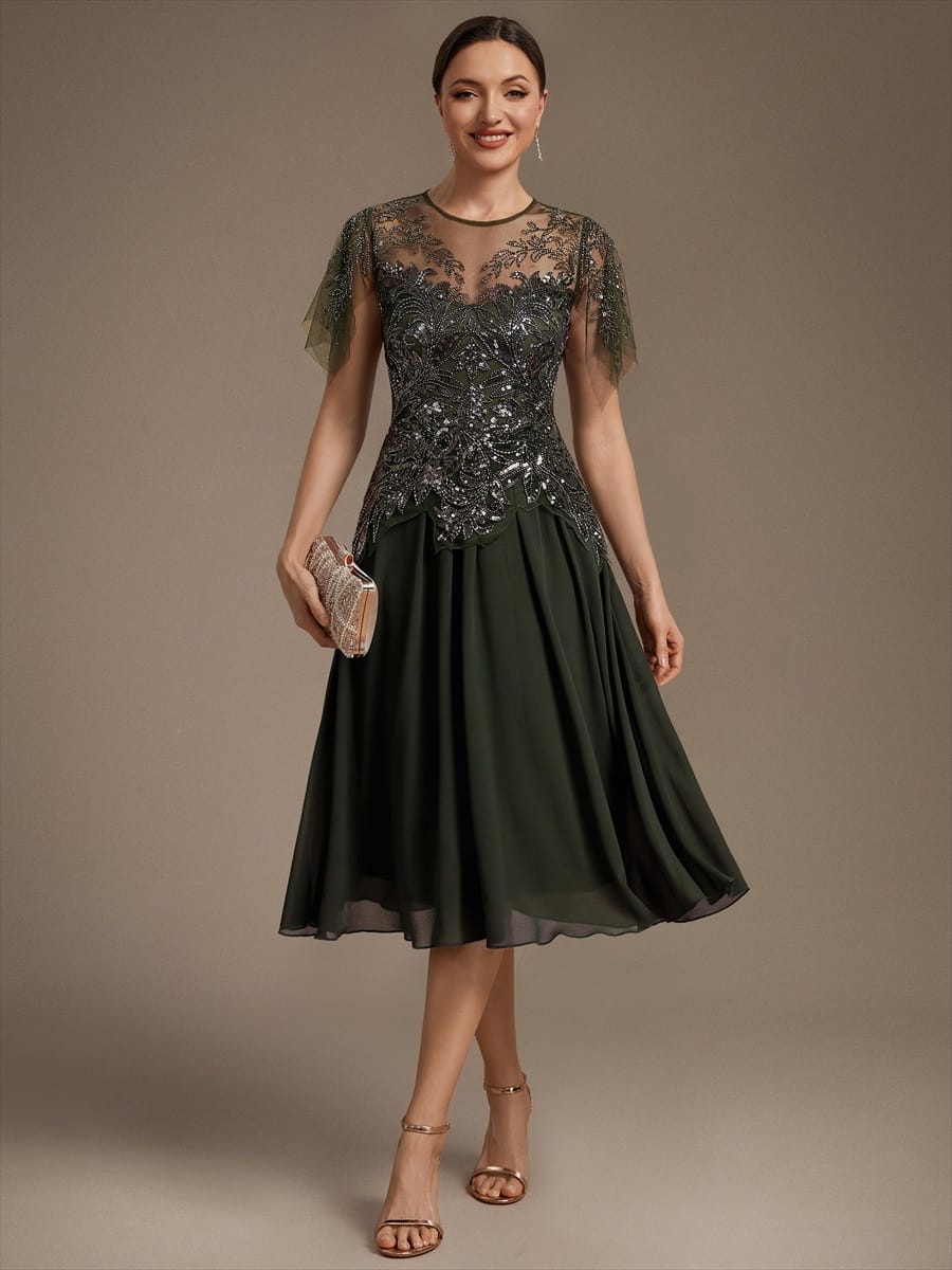 Beaded Tulle Ruffle Sleeve Dress #color_Olive Green