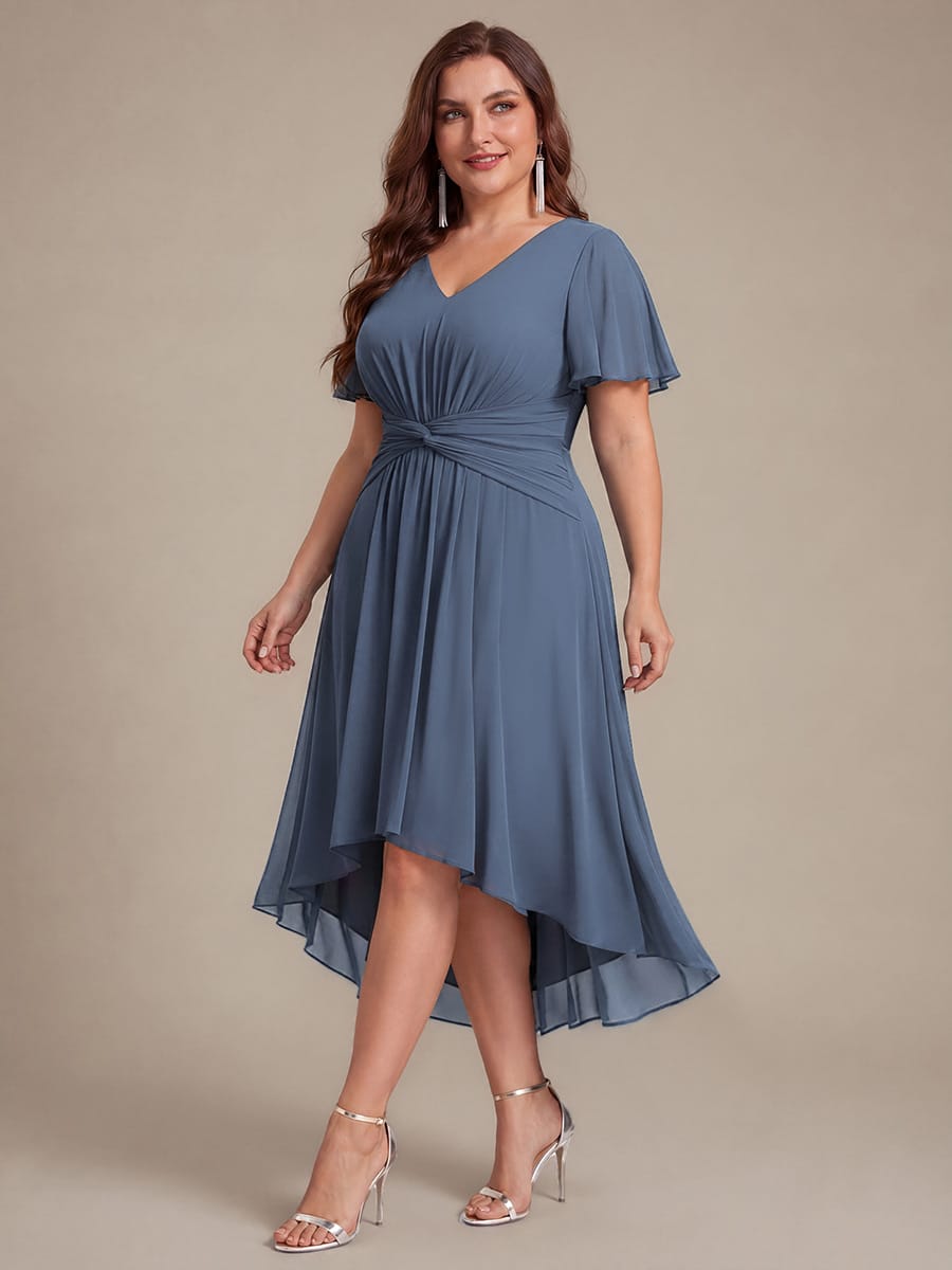 Chiffon Ruffle Sleeve A-line Dress #color_Dusty Blue