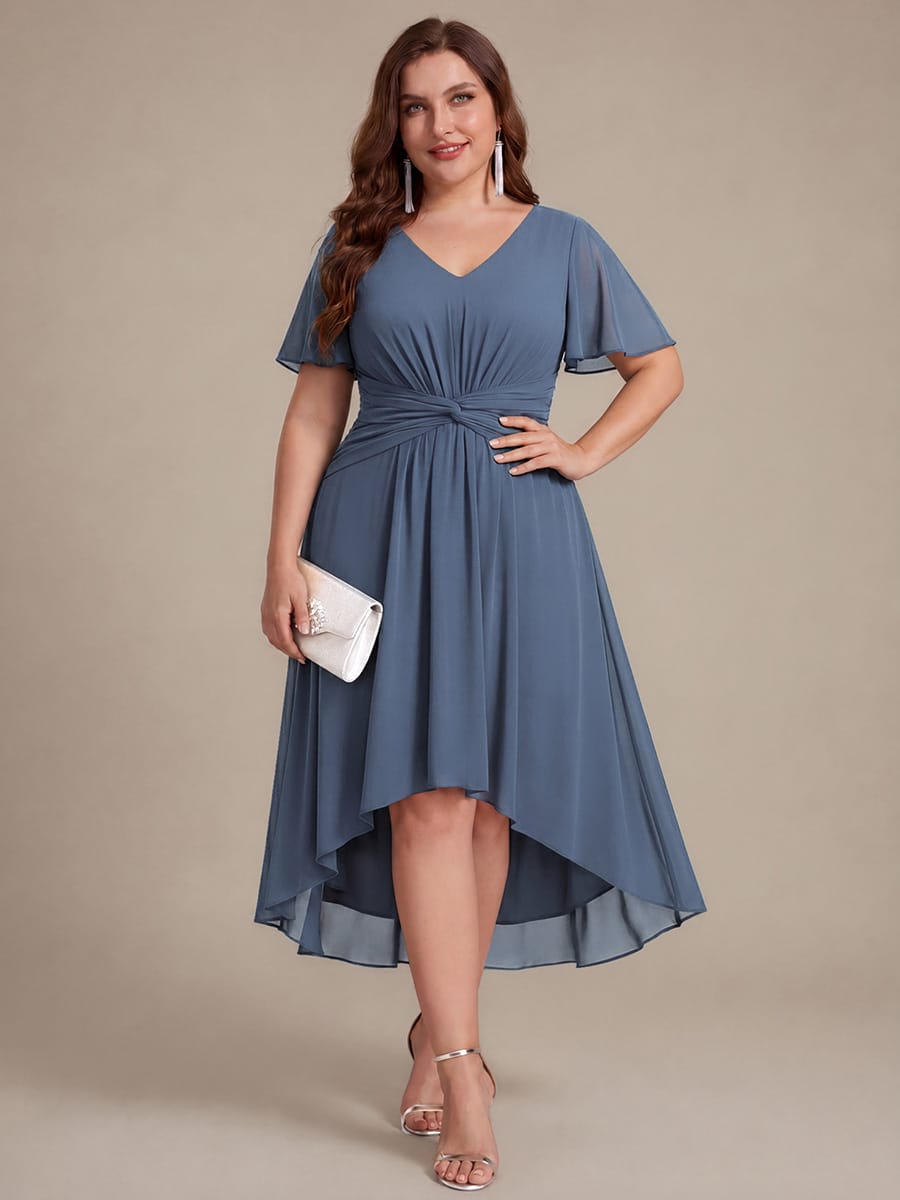 Chiffon Ruffle Sleeve A-line Dress #color_Dusty Blue