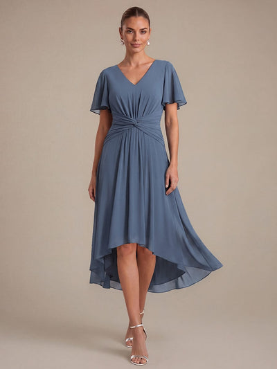 Knot Detail A-Line Chiffon V-neck Dress