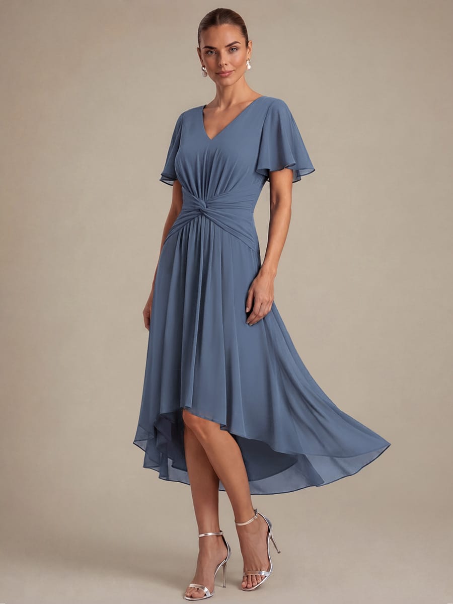 Chiffon Ruffle Sleeve A-line Dress #color_Dusty Blue