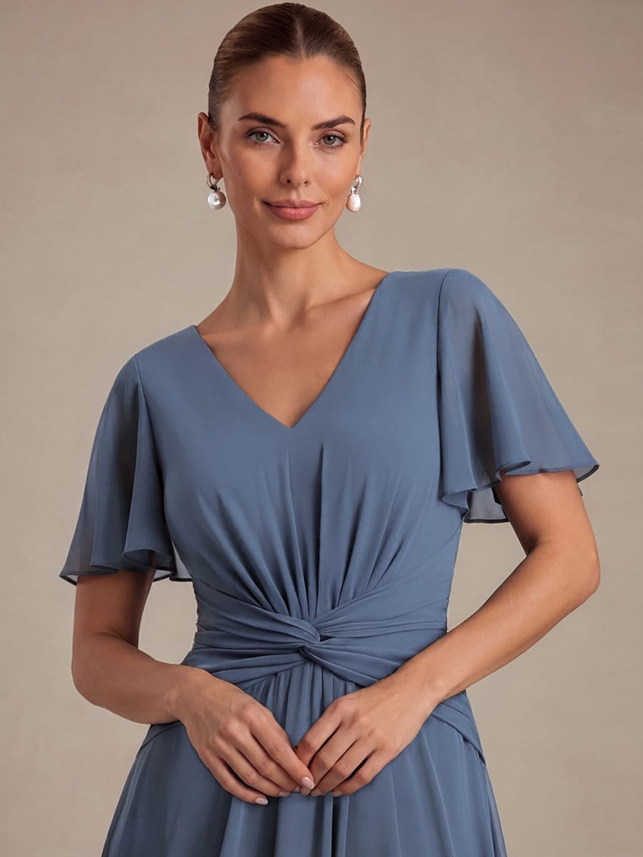 Chiffon Ruffle Sleeve A-line Dress #color_Dusty Blue