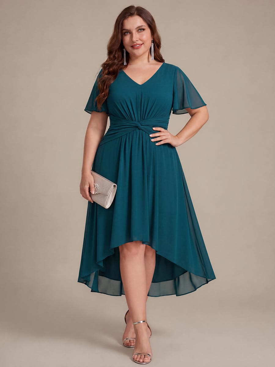 Chiffon Ruffle Sleeve A-line Dress #color_Teal Blue