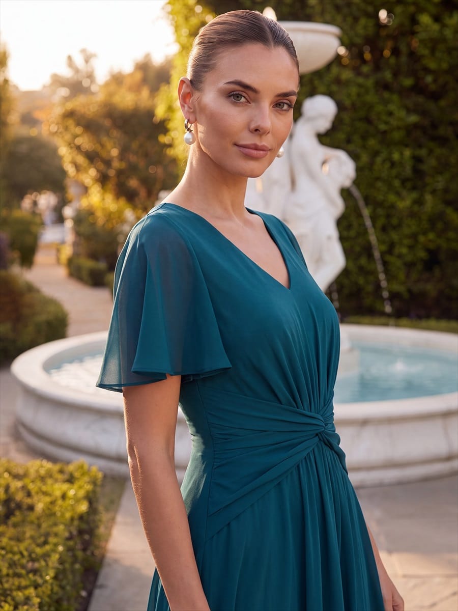 Chiffon Ruffle Sleeve A-line Dress #color_Teal Blue