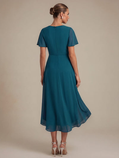 Chiffon Ruffle Sleeve A-line Dress #color_Teal Blue