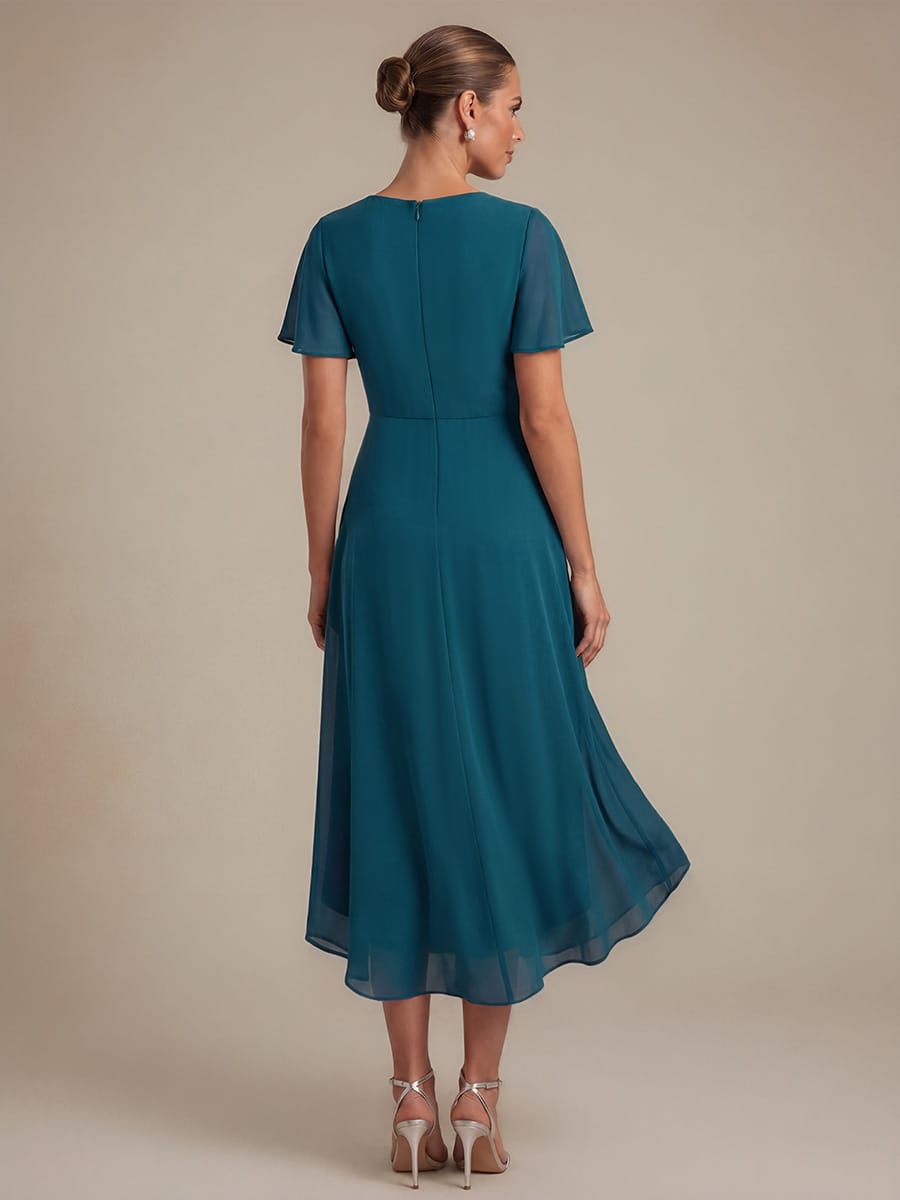 Chiffon Ruffle Sleeve A-line Dress #color_Teal Blue