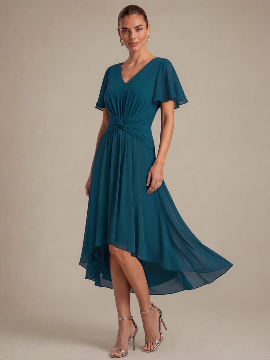 Chiffon Ruffle Sleeve A-line Dress #color_Teal Blue