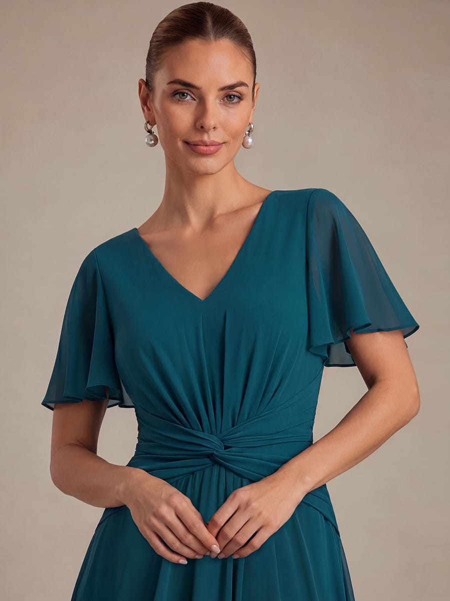 Chiffon Ruffle Sleeve A-line Dress #color_Teal Blue