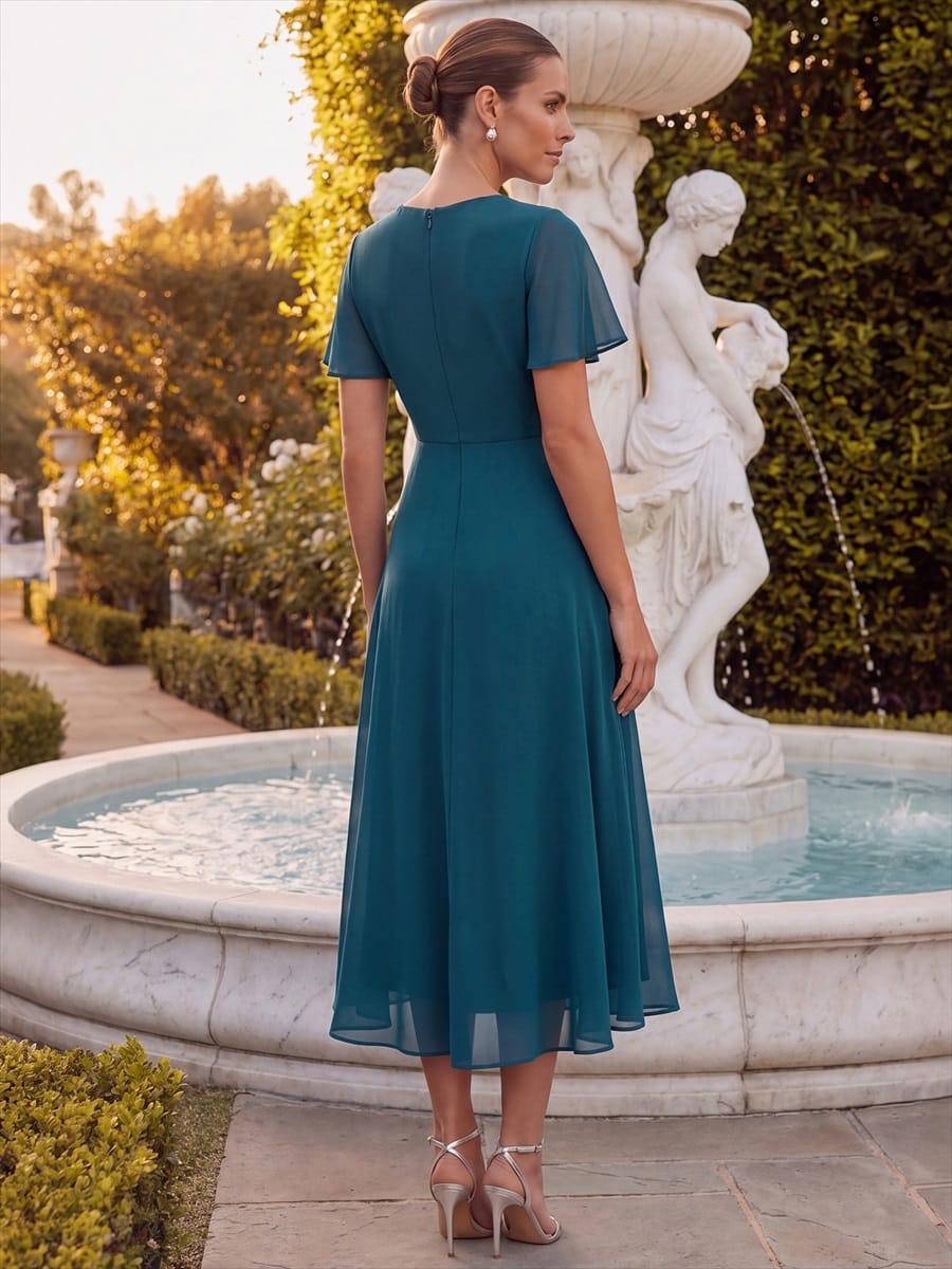 Chiffon Ruffle Sleeve A-line Dress #color_Teal Blue