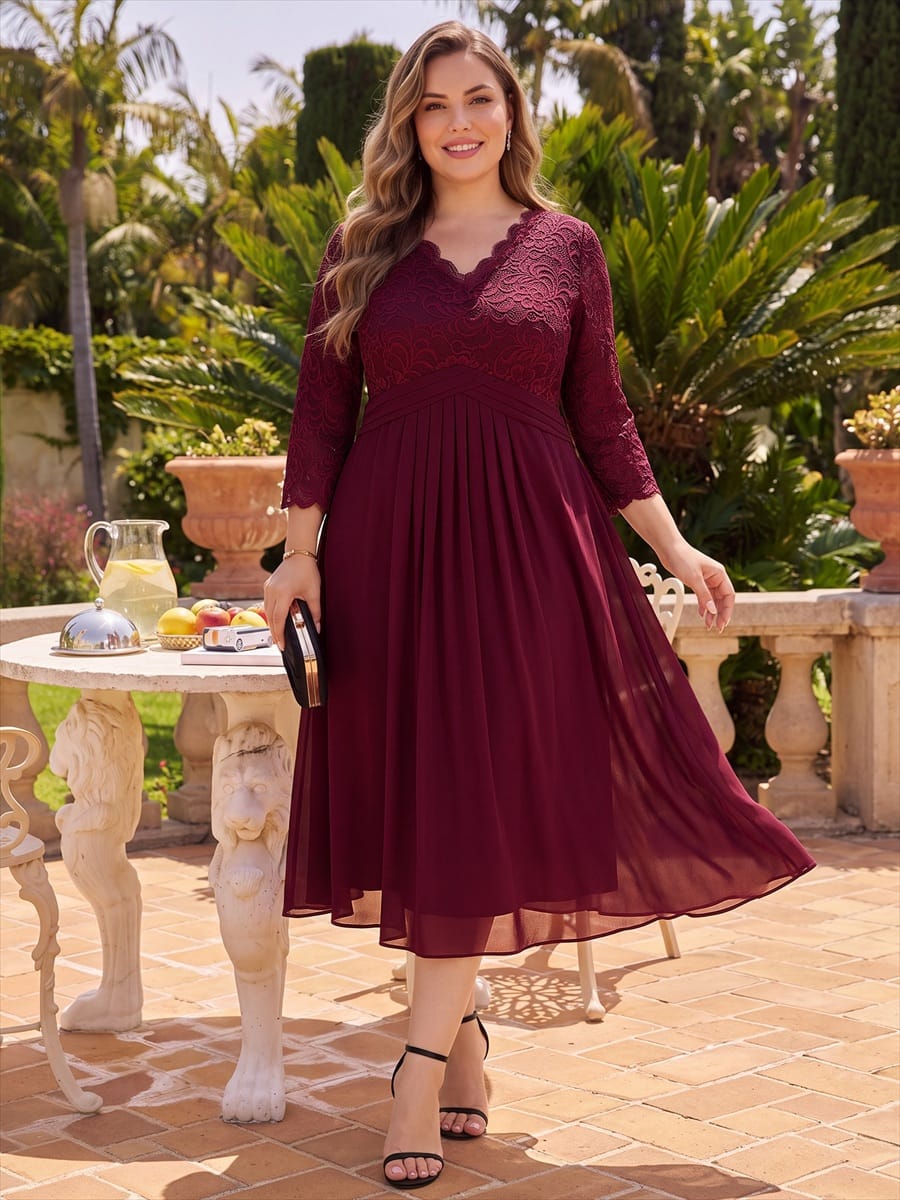 Lace Fitted Sleeve Sheath Dress #color_Burgundy