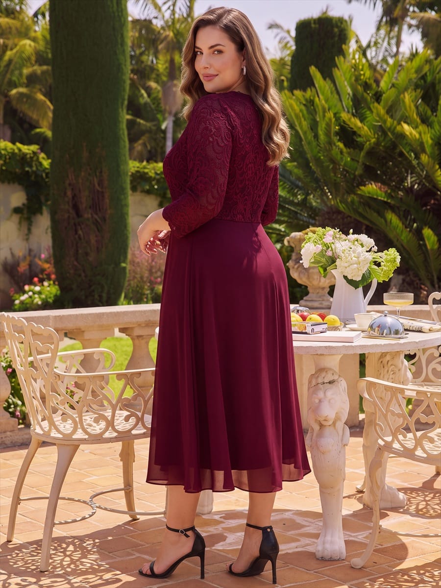Lace Fitted Sleeve Sheath Dress #color_Burgundy