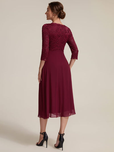 Lace Trim V-Neck 3/4 Sleeve Midi Dress