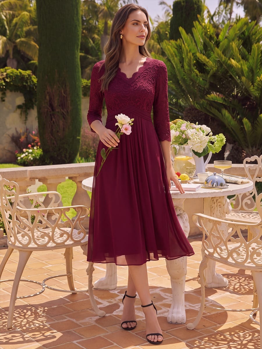 Lace Fitted Sleeve Sheath Dress #color_Burgundy