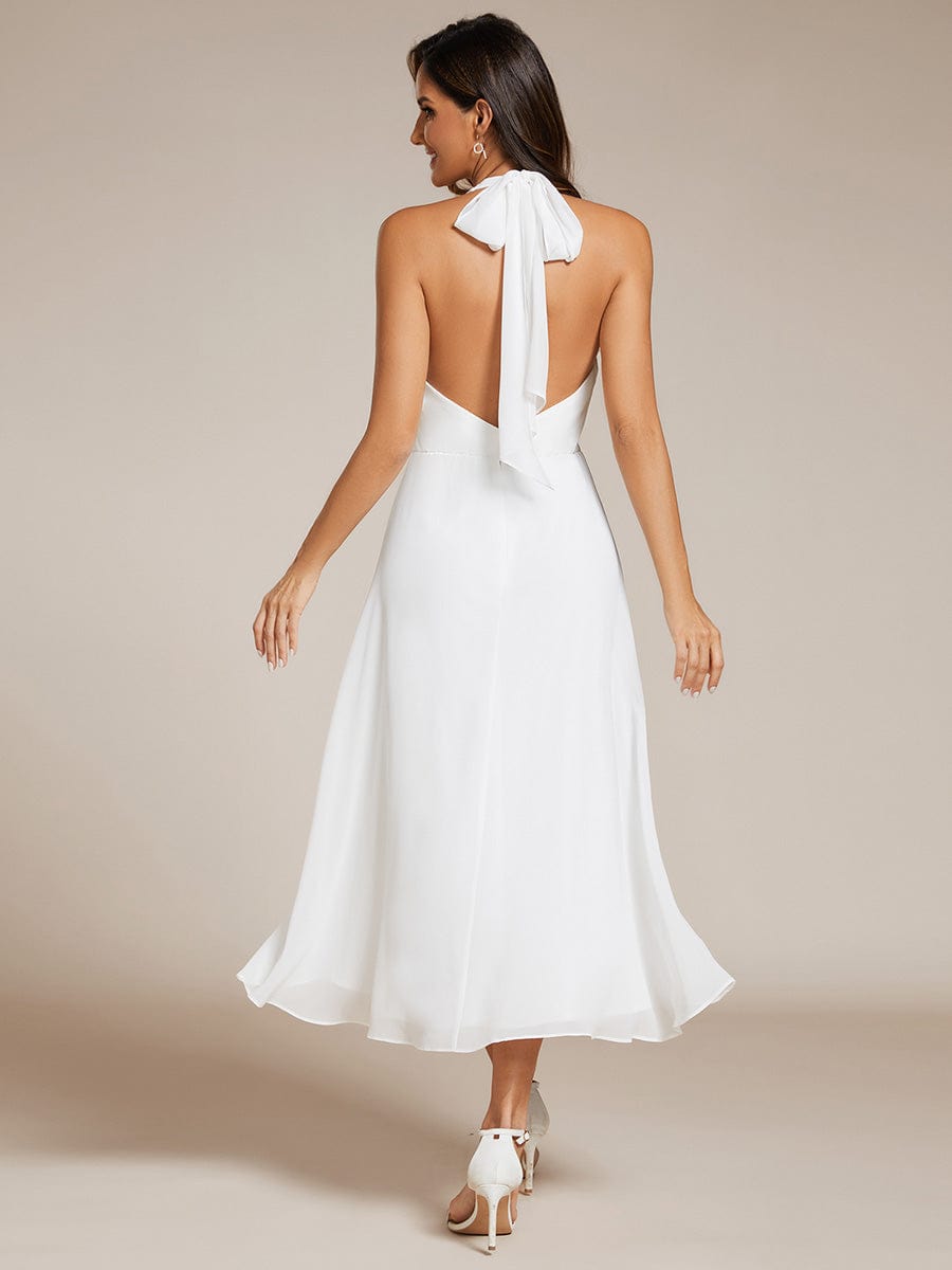 Lace-up Halterneck Backless High Low Chiffon Wedding Guest Dress #color_White