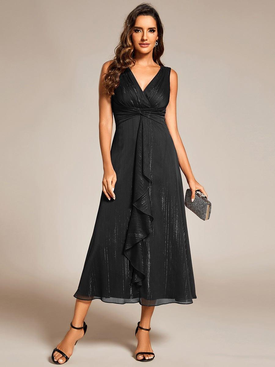 Sleeveless Twist Knot A-Line Lotus Leaf Shimmering Wedding Guest Dress #color_Black