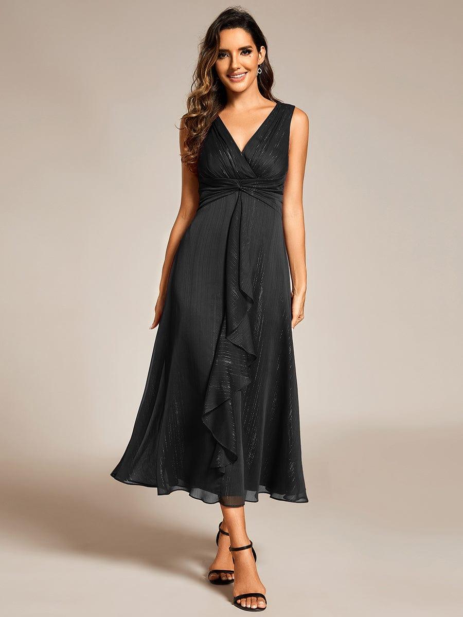 Sleeveless Twist Knot A-Line Lotus Leaf Shimmering Wedding Guest Dress #color_Black