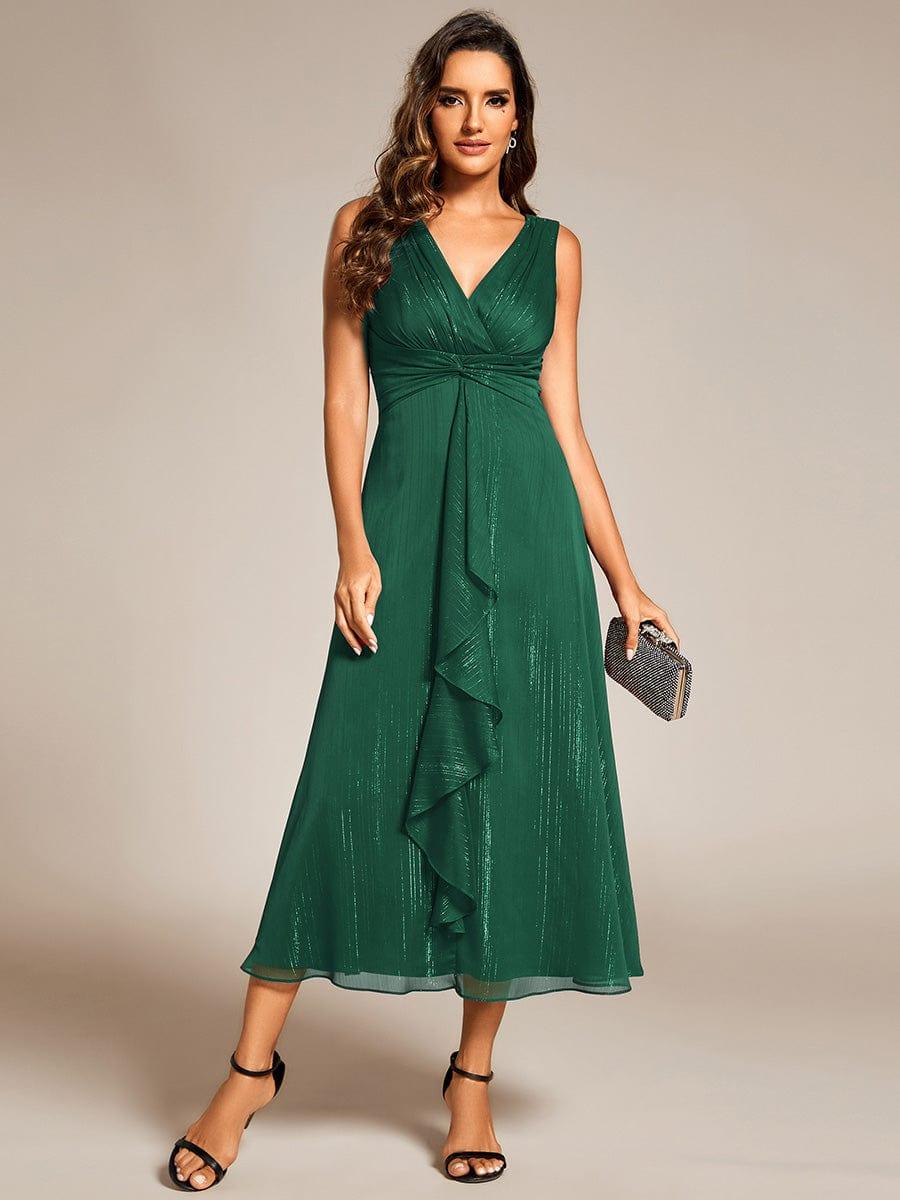 Sleeveless Twist Knot A-Line Lotus Leaf Shimmering Wedding Guest Dress #color_Dark Green