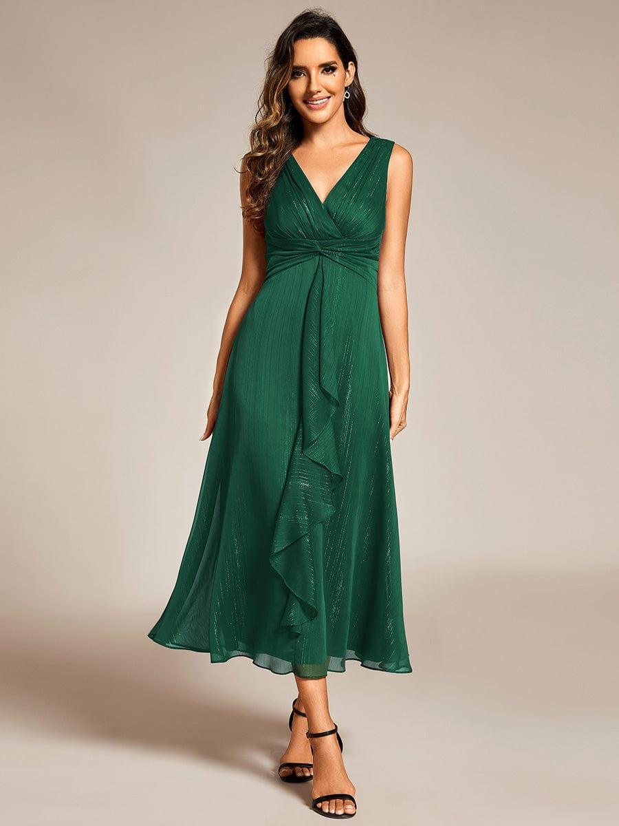 Sleeveless Twist Knot A-Line Lotus Leaf Shimmering Wedding Guest Dress #color_Dark Green
