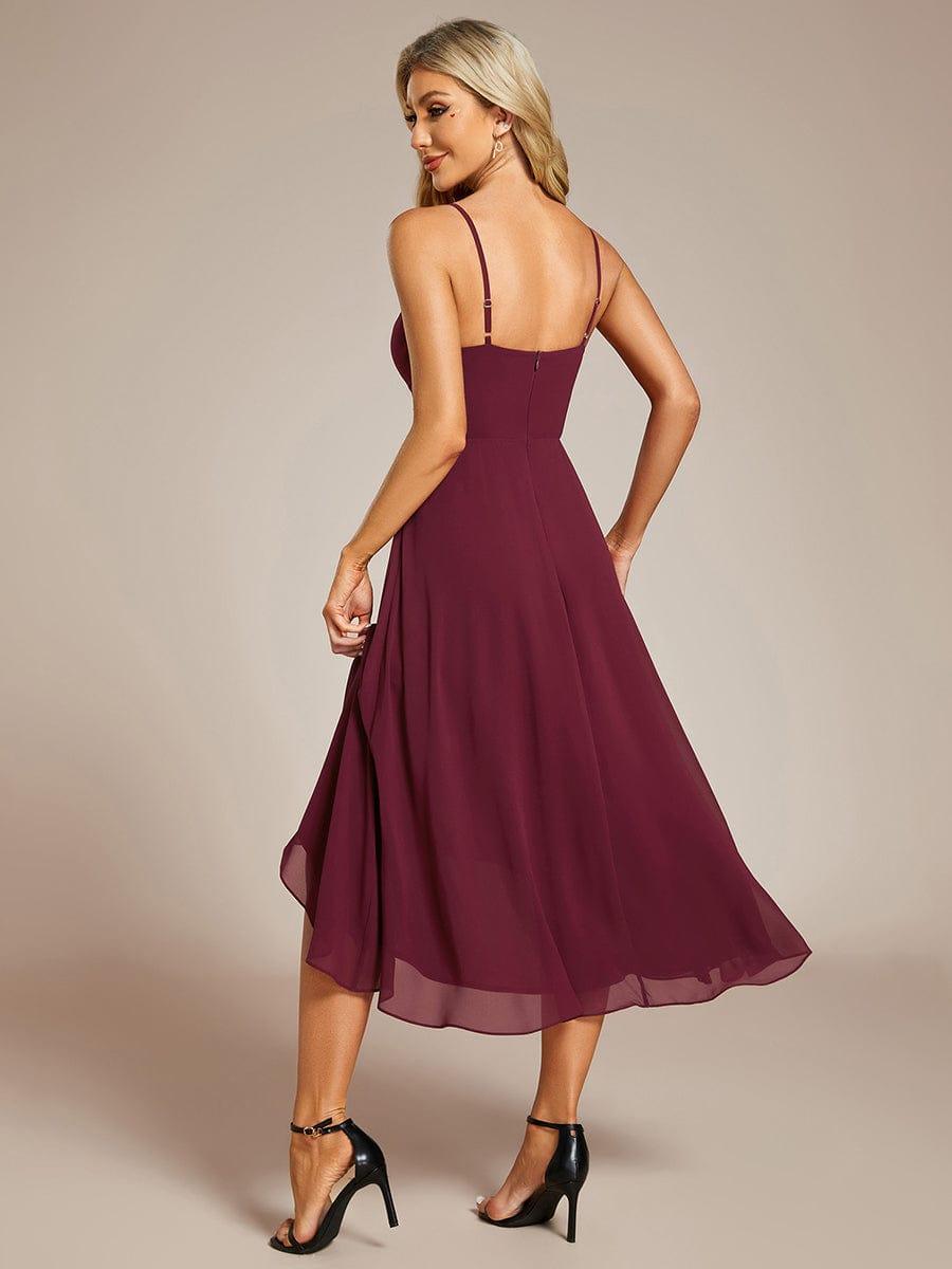 Elegant V-Neck Spaghetti Strap High-Low Chiffon Wedding Guest Dress #color_Burgundy