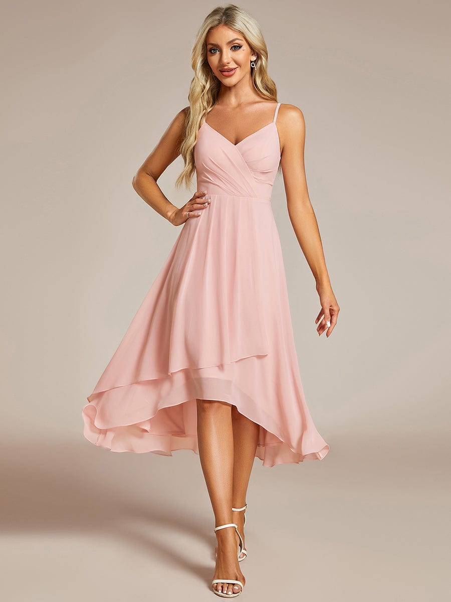 Elegant V-Neck Spaghetti Strap High-Low Chiffon Wedding Guest Dress #color_Pink
