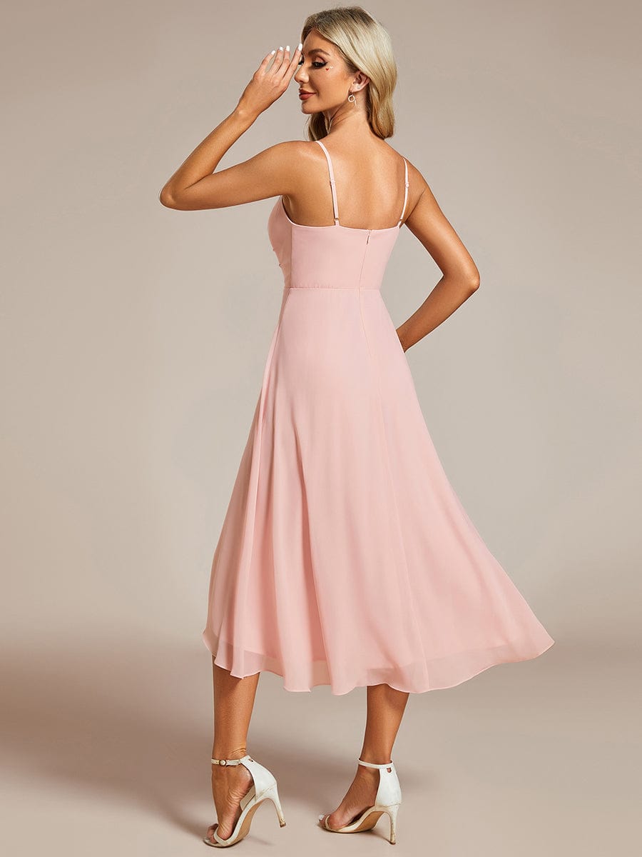 Elegant V-Neck Spaghetti Strap High-Low Chiffon Wedding Guest Dress #color_Pink