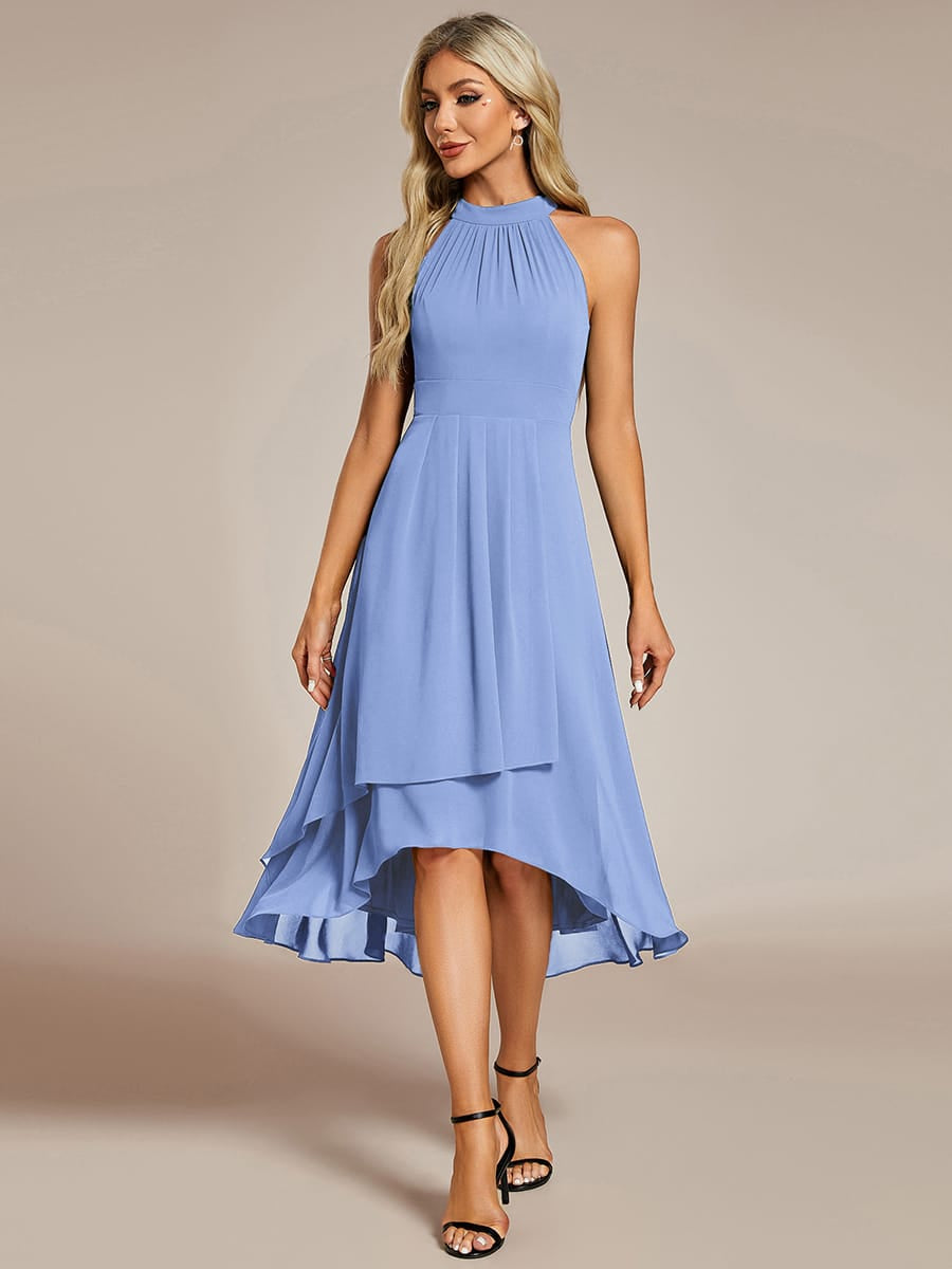Midi A Line Sleeveless Halter Neck Wedding Guest Dress in Chiffon #color_Cornflower Blue