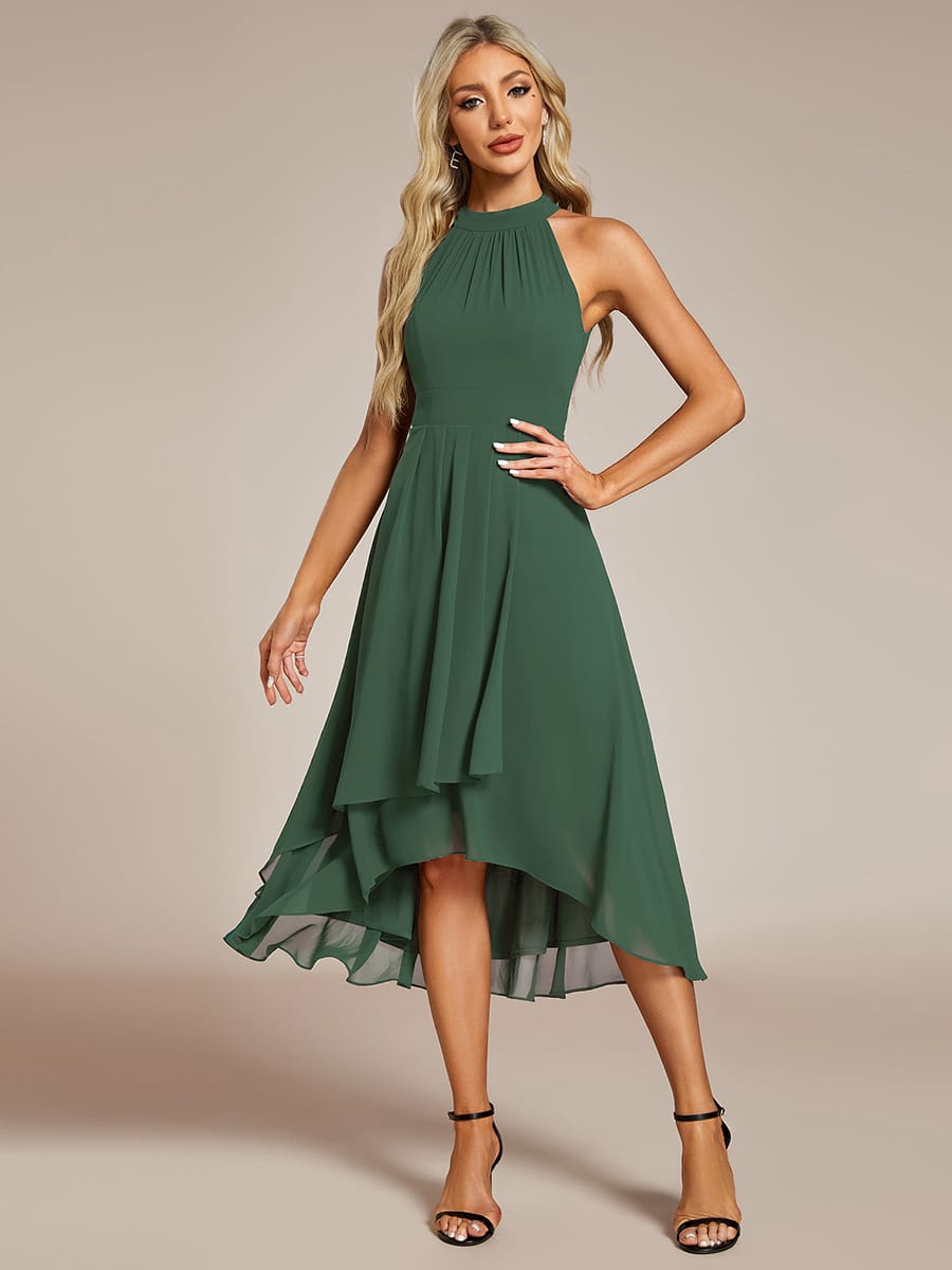 Midi A Line Sleeveless Halter Neck Evening Dress in Chiffon #color_Eucalyptus Green