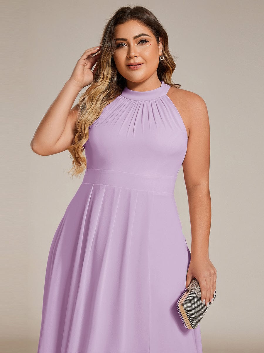 Midi A Line Sleeveless Halter Neck Evening Dress in Chiffon #color_Frosted Lilac