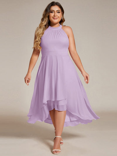 Midi A Line Sleeveless Halter Neck Wedding Guest Dress in Chiffon #color_Frosted Lilac