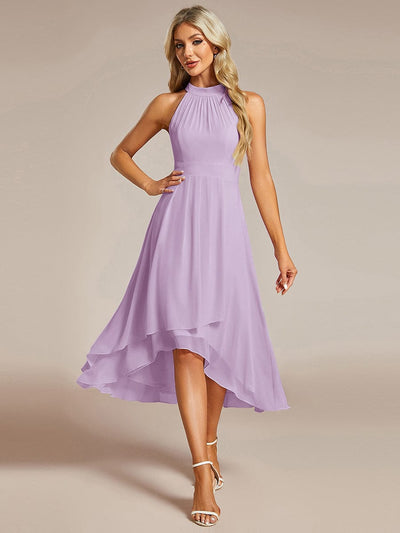 Midi A Line Sleeveless Halter Neck Evening Dress in Chiffon #color_Frosted Lilac