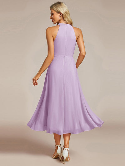 Midi A Line Sleeveless Halter Neck Evening Dress in Chiffon #color_Frosted Lilac