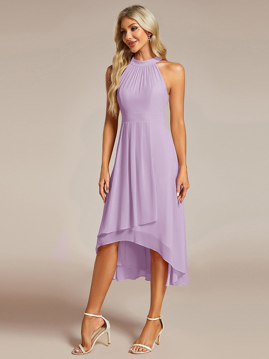 Midi A Line Sleeveless Halter Neck Evening Dress in Chiffon #color_Frosted Lilac