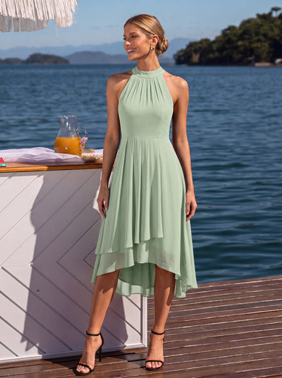 ever POSIE|Midi A Line Sleeveless Halter Neck Wedding Guest Dress in Chiffon