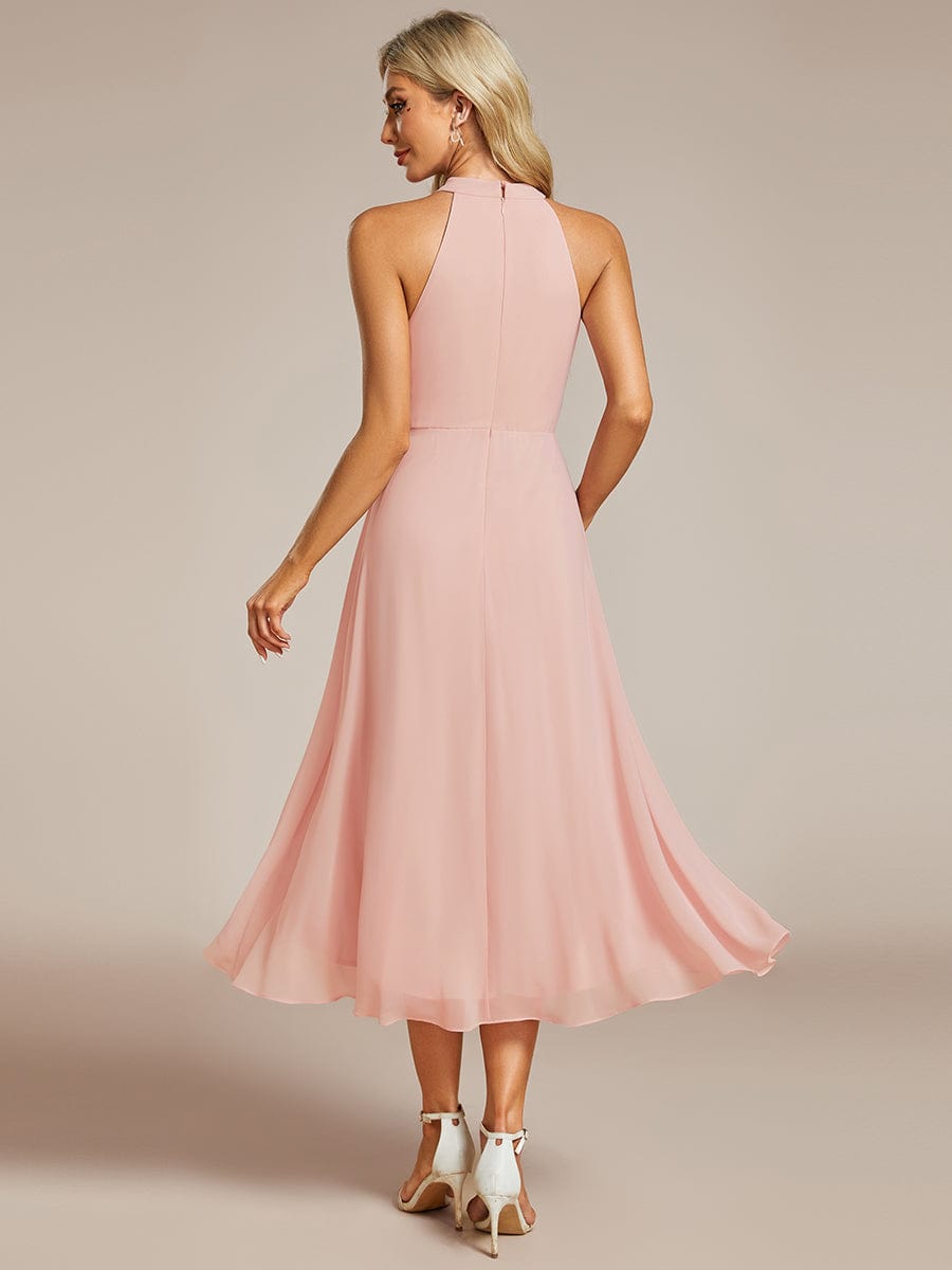 Midi A Line Sleeveless Halter Neck Wedding Guest Dress in Chiffon #color_Pink