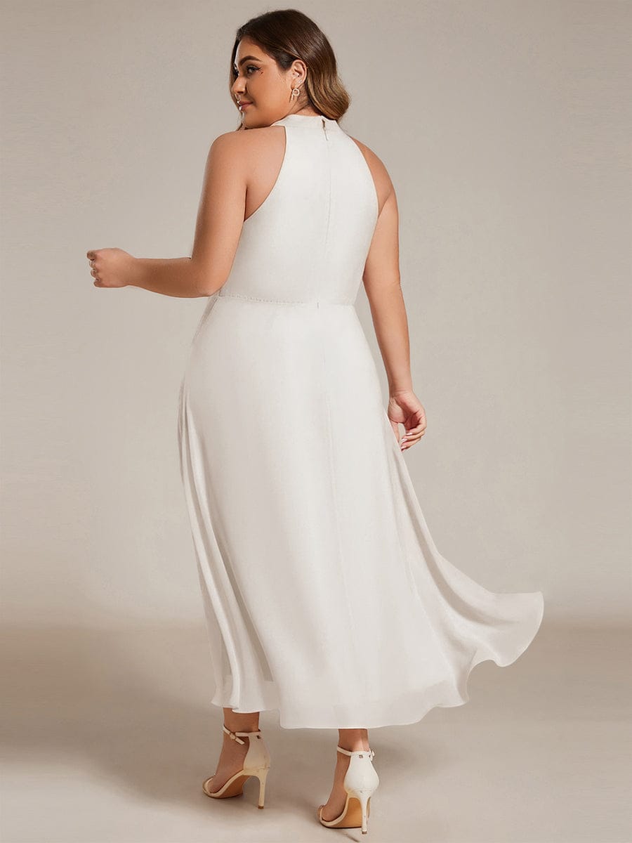 Midi A Line Sleeveless Halter Neck Evening Dress in Chiffon #color_White