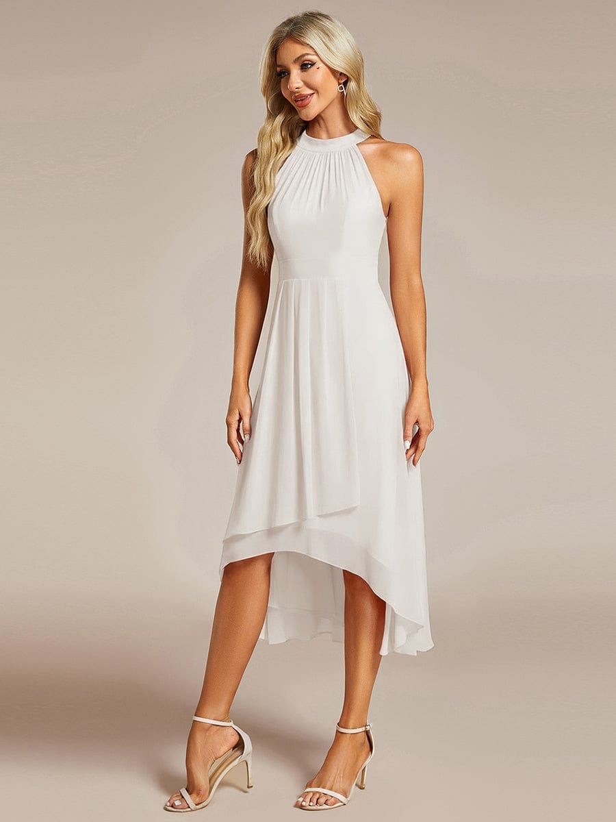 Midi A Line Sleeveless Halter Neck Evening Dress in Chiffon #color_White