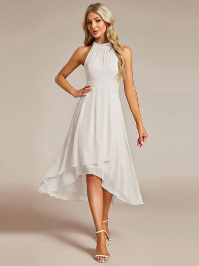 Midi A Line Sleeveless Halter Neck Evening Dress in Chiffon #color_White