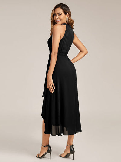 Gathered Chiffon Sleeveless Wedding Guest Dress #color_Black