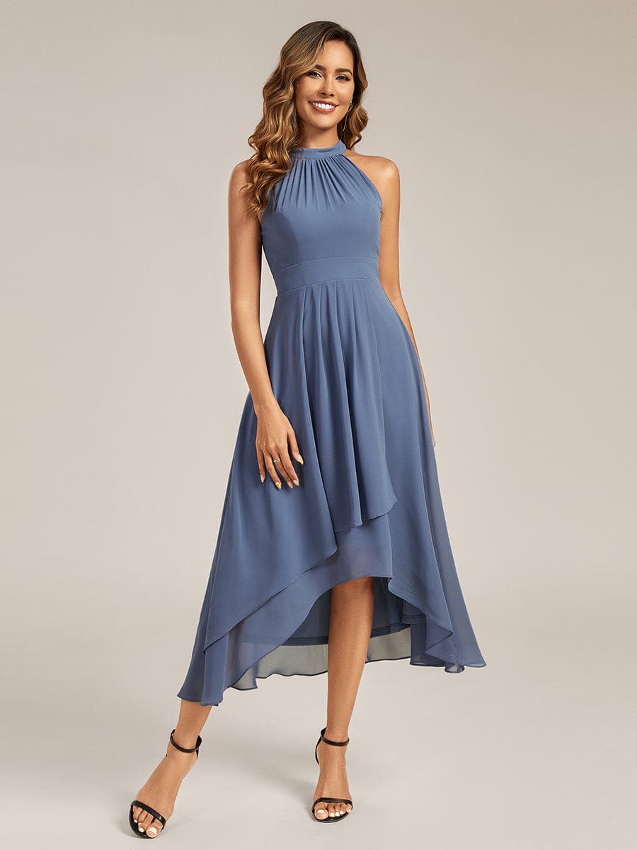 Gathered Chiffon Sleeveless Wedding Guest Dress #color_Dusty Blue