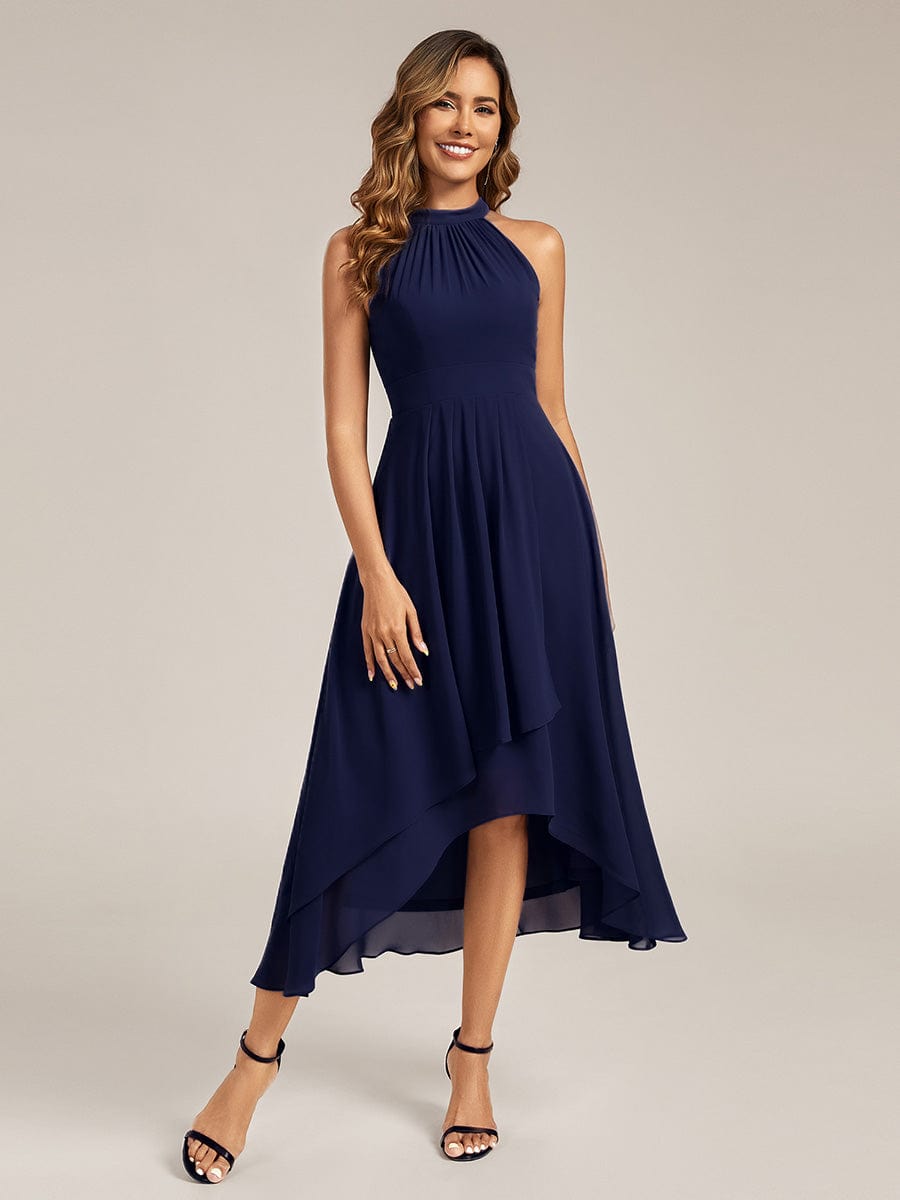 Gathered Chiffon Sleeveless Wedding Guest Dress #color_Navy Blue