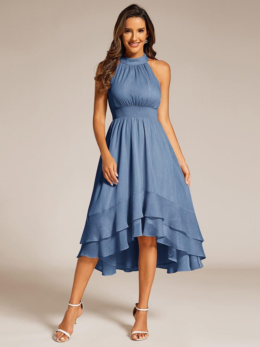 ZOYA Shimmering Pleated High Low Ruffle Wedding Guest Dress