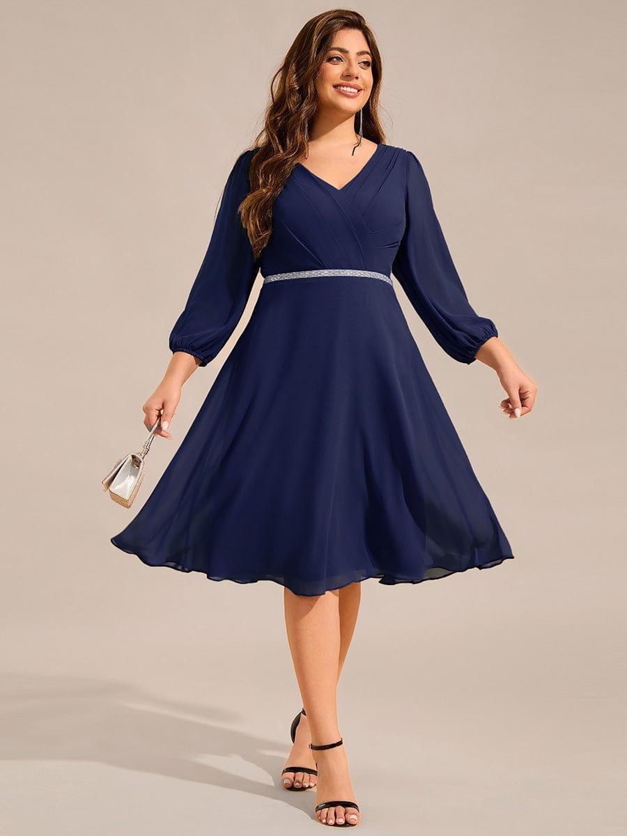 V-neck Long Sleeve Pleated Chiffon Midi Wedding Guest Dress #color_Navy Blue