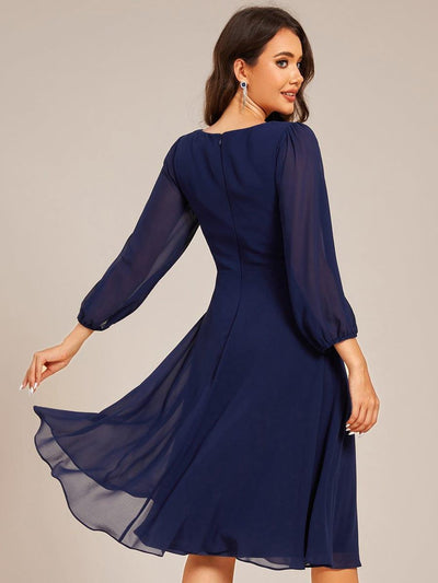 V-neck Long Sleeve Pleated Chiffon Midi Wedding Guest Dress #color_Navy Blue
