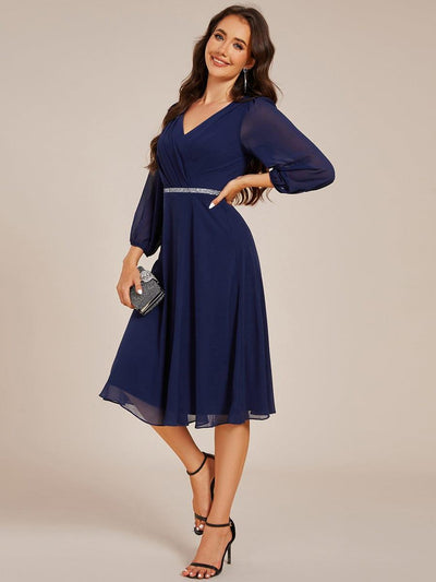 V-neck Long Sleeve Pleated Chiffon Midi Wedding Guest Dress #color_Navy Blue