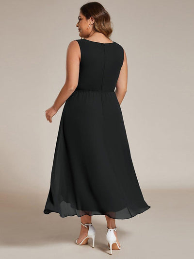Plus Size Sleeveless Chiffon High-Low Wedding Guest Dress with Waist Applique #color_Black
