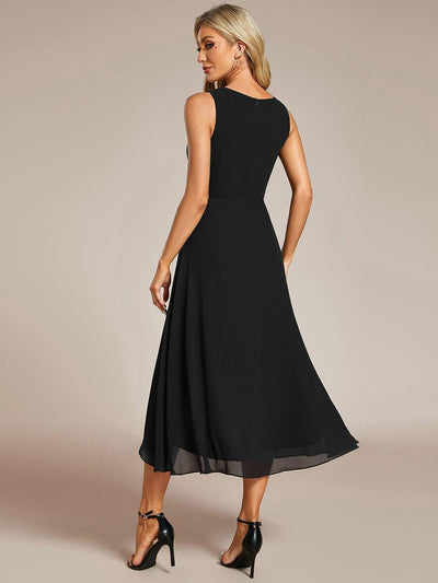 Sleeveless Chiffon High-Low Wedding Guest Dress with Waist Applique #color_Black