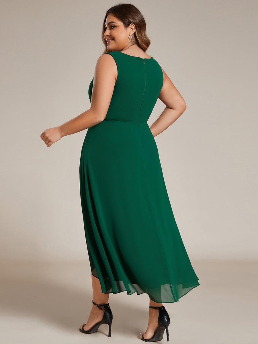 Plus Size Sleeveless Chiffon High-Low Wedding Guest Dress with Waist Applique #color_Dark Green