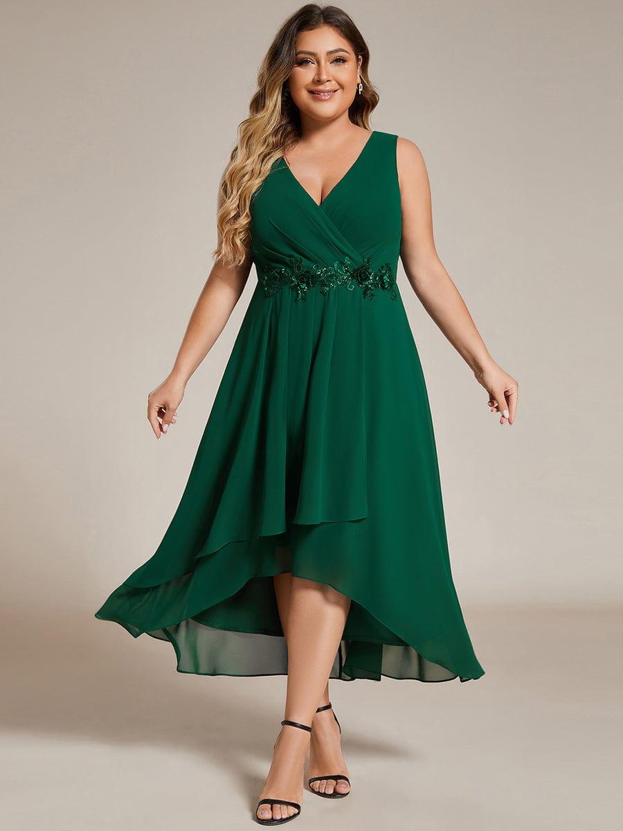 Plus Size Sleeveless Chiffon High-Low Wedding Guest Dress with Waist Applique #color_Dark Green