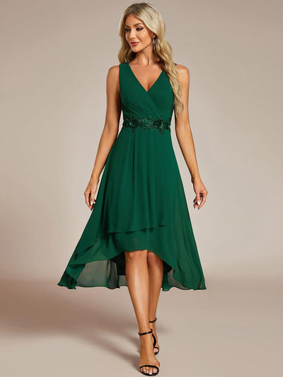 Sleeveless Chiffon High-Low Wedding Guest Dress with Waist Applique #color_Dark Green